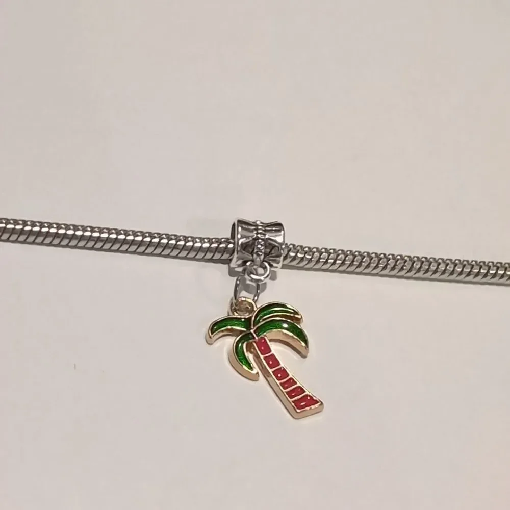 Silver Gold Palm Tree Enamel Dangle Charm for‎ Pandora Style Bracelet - Picture 2 of 4